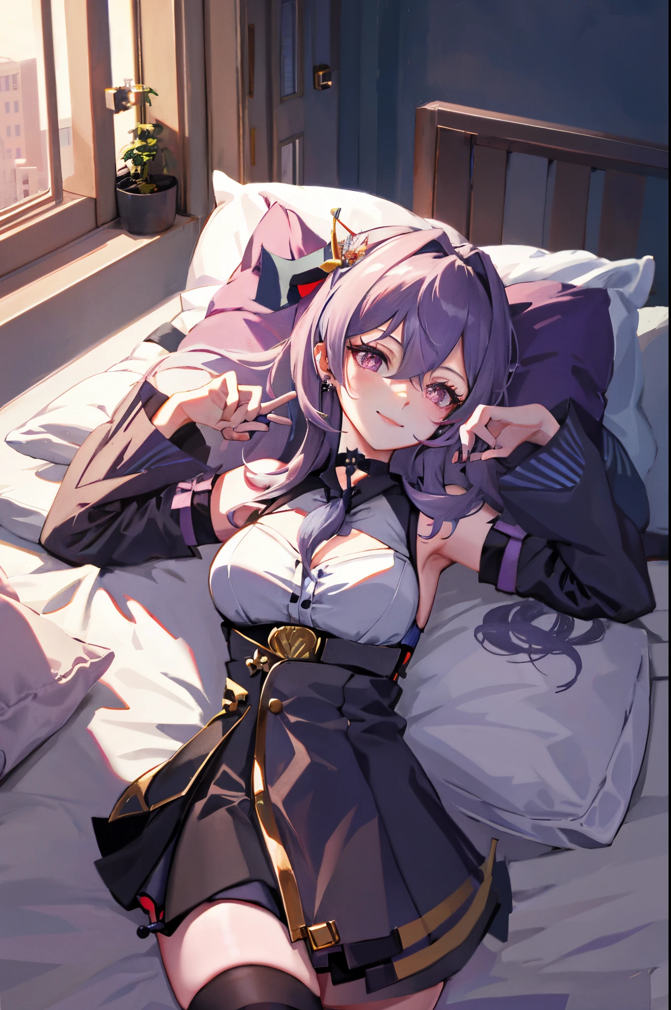 Keqing, genshin impact, 1girl, solo, breasts, cleavage, hair between eyes, messy hair, large breasts, long hair, looking at viewer, purple hair, purple short nails, purple eyes, hair ornament, solo, thighhighs, ((masterpiece)), maid dress, meidofuku, maid, skirt, stocking, ribbon, maid uniform, lying, lying on bed, bedroom, bed, pillow, window, night sky, blush, shy, smile, sexy pose, maid hair band, ear pierce, lip pierce, ear piercing, lip piercing, choker,