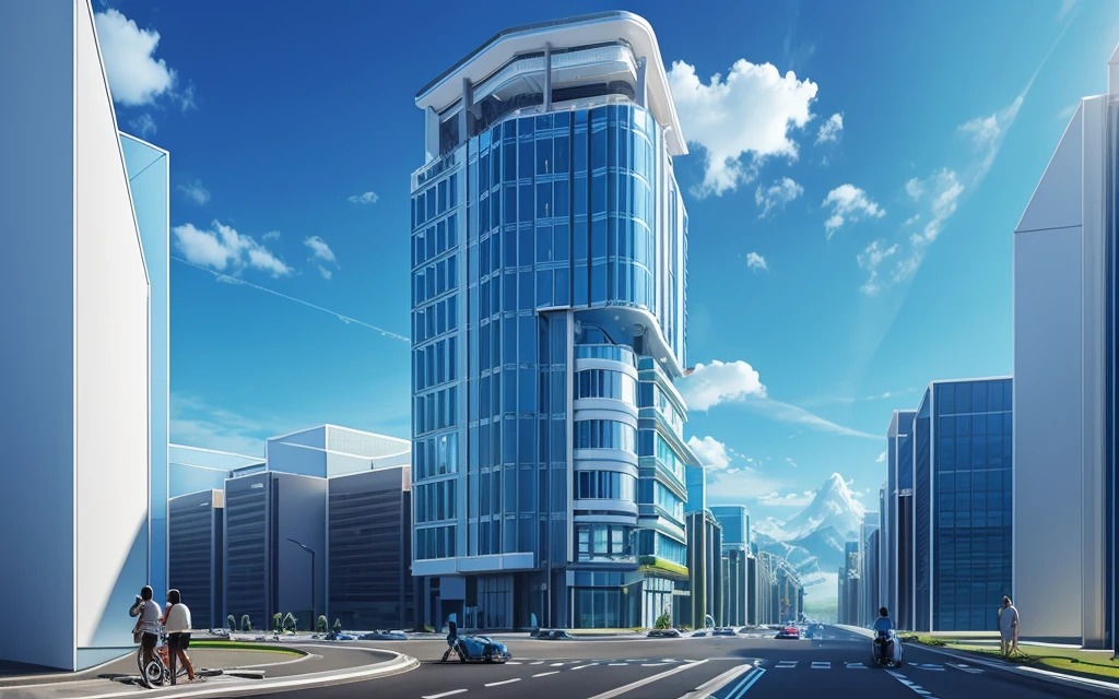 Tropical office building, blue sky and more traffic vehicles on road, futuristic