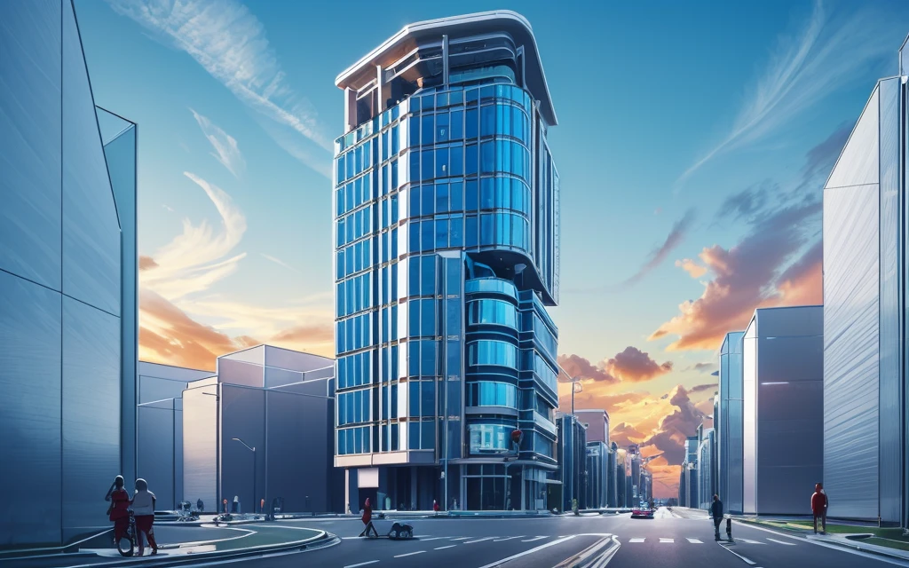 Tropical office building, blue sky and more traffic vehicles on road, futuristic