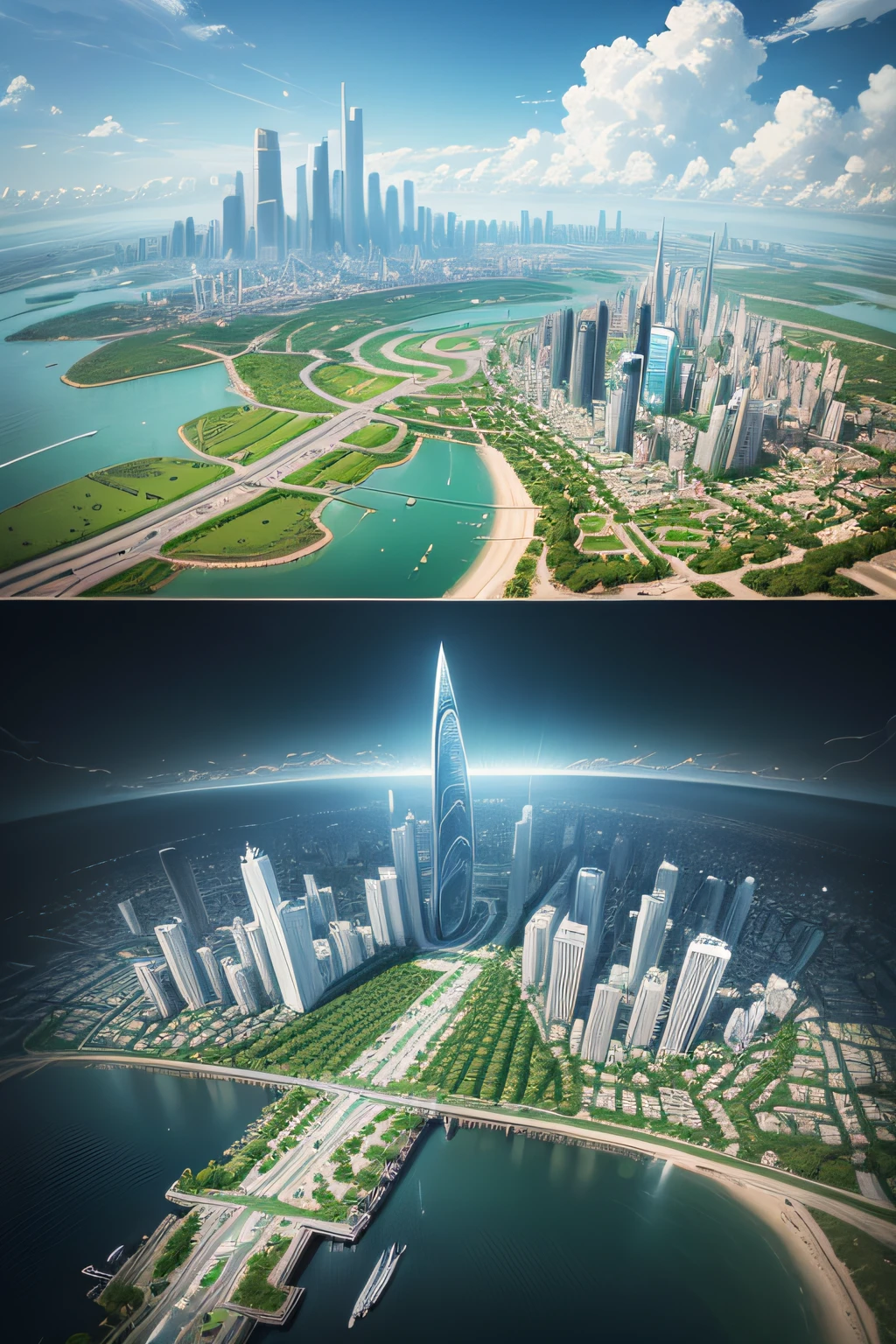 Imagine and depict (ideal city) (future) in which order reigns, comfort, tranquility; the city is protected from external influences, City of High Technologies, the city is based on high technology, brightly, purely, a lot of green vegetation, the trees, Flowers, Birds of paradise, hyper-detailed, hight resolution, Photorealistic, View from above