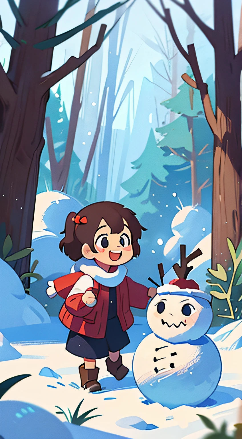 a happy  girl with a snowman in the sunny winter forest with ate