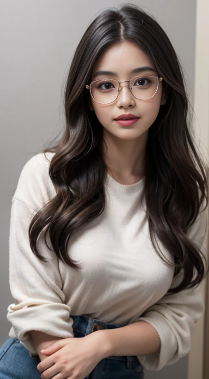 (best quality,4k,8k,highres,masterpiece:1.2),ultra-detailed,(realistic,photorealistic,photo-realistic:1.37),brunette woman,beautiful wavy hair,Indonesian woman,27 years old,wearing stylish glasses,elegantly dressed in casual fashion,medium shot,captivating smile,sparkling brown eyes,fashionable accessories,white background,professional photography,rembrandt lighting,soft and natural lighting,crisp focus,vibrant colors,subtle bokeh