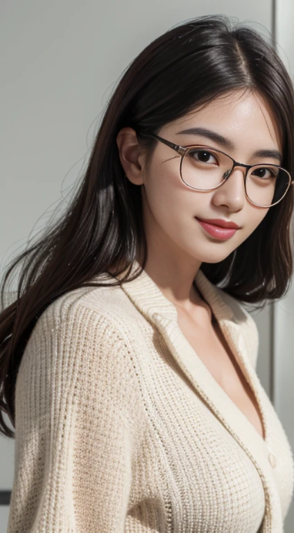 (best quality,4k,8k,highres,masterpiece:1.2),ultra-detailed,(realistic,photorealistic,photo-realistic:1.37),brunette woman,beautiful wavy hair,Indonesian woman,27 years old,wearing stylish glasses,elegantly dressed in casual fashion,medium shot,captivating smile,sparkling brown eyes,fashionable accessories,white background,professional photography,rembrandt lighting,soft and natural lighting,crisp focus,vibrant colors,subtle bokeh