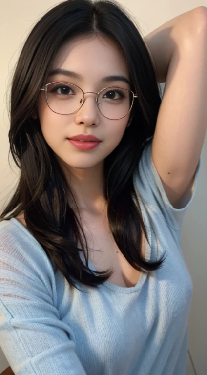 (best quality,4k,8k,highres,masterpiece:1.2),ultra-detailed,(realistic,photorealistic,photo-realistic:1.37),brunette woman,beautiful wavy hair,Indonesian woman,27 years old,wearing stylish glasses,elegantly dressed in casual fashion,medium shot,captivating smile,sparkling brown eyes,fashionable accessories,white background,professional photography,rembrandt lighting,soft and natural lighting,crisp focus,vibrant colors,subtle bokeh