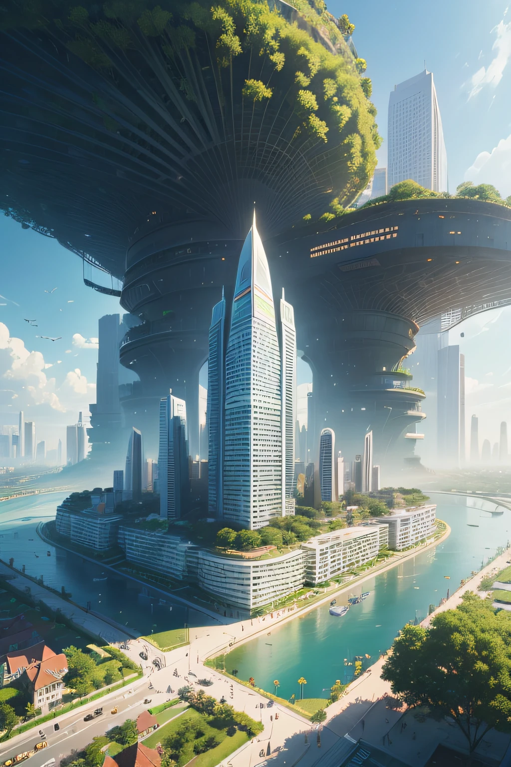 Imagine and depict (ideal city) (future) in which order reigns, comfort, tranquility; the city is protected from external influences, City of High Technologies, the city is based on high technology, brightly, purely, a lot of green vegetation, the trees, Flowers, Birds of paradise, hyper-detailed, hight resolution, Photorealistic, View from above
