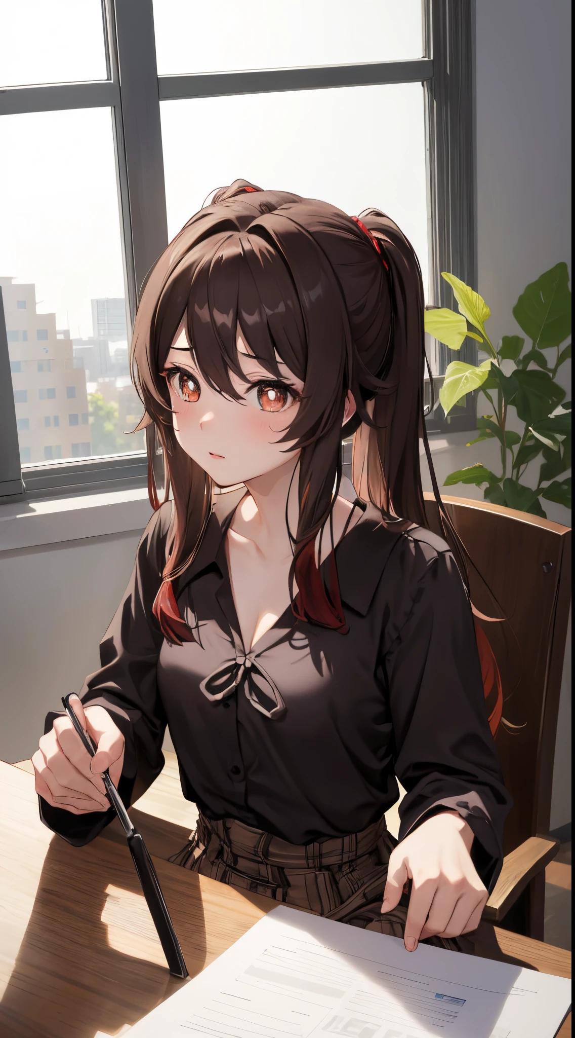 (masterpiece, high quality, high resolution), Hu tao (classic quintuplets), messy brown hair, headphones, palms, sitting on office chair desk, shrugged face, detailed face, shirt unbuttoned, slightly visible cleavage , hot atmosphere, background classic office, large transparent window, anime version, highly detailed, UHD, 4k, 8k, award winning, sharp focus, anime version, blush