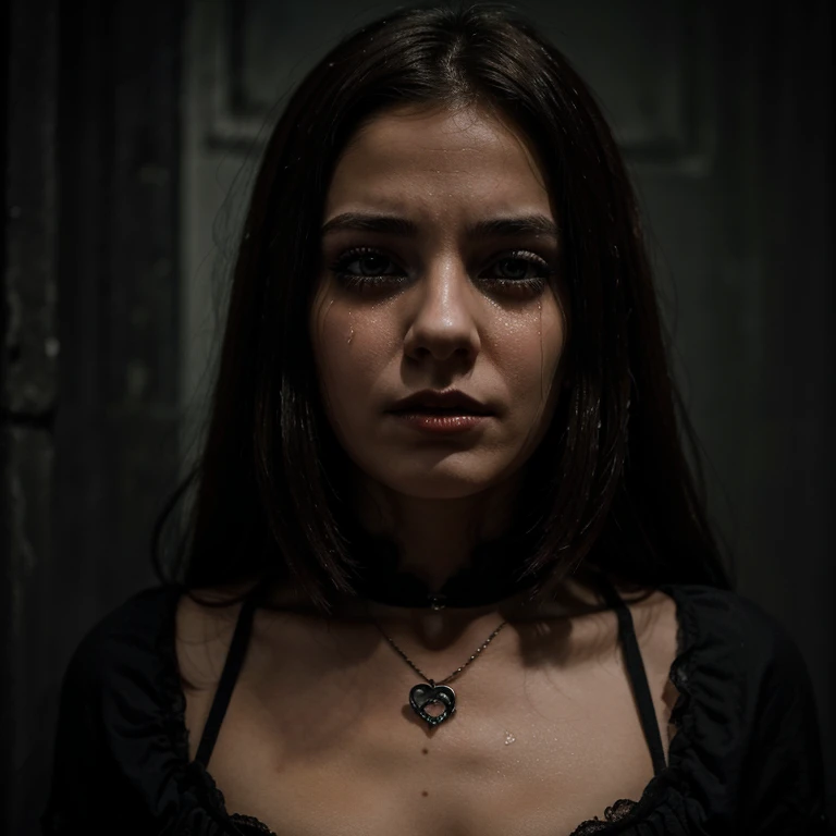 young beautiful brunette girl crying , gothic and scary atmosphere