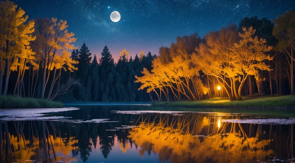 Masterpiece, Best, Night, Full Moon, beautifull lake, trees, lillys on lake,