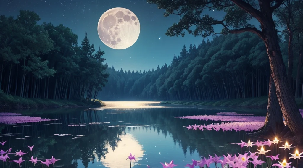 Masterpiece, Best, Night, Full Moon, beautifull lake, trees, lillys on lake,