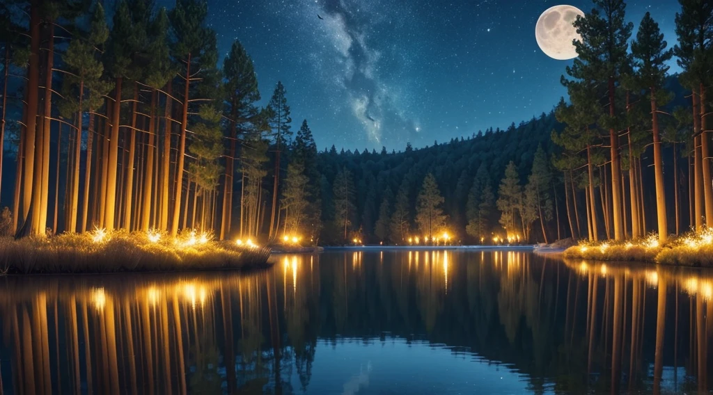 Masterpiece, Best, Night, Full Moon, beautifull lake, trees, lillys on lake,