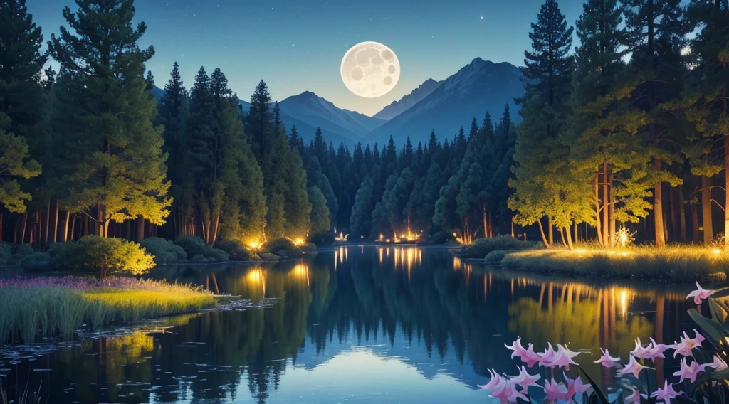 Masterpiece, Best, Night, Full Moon, beautifull lake, trees, lillys on lake,