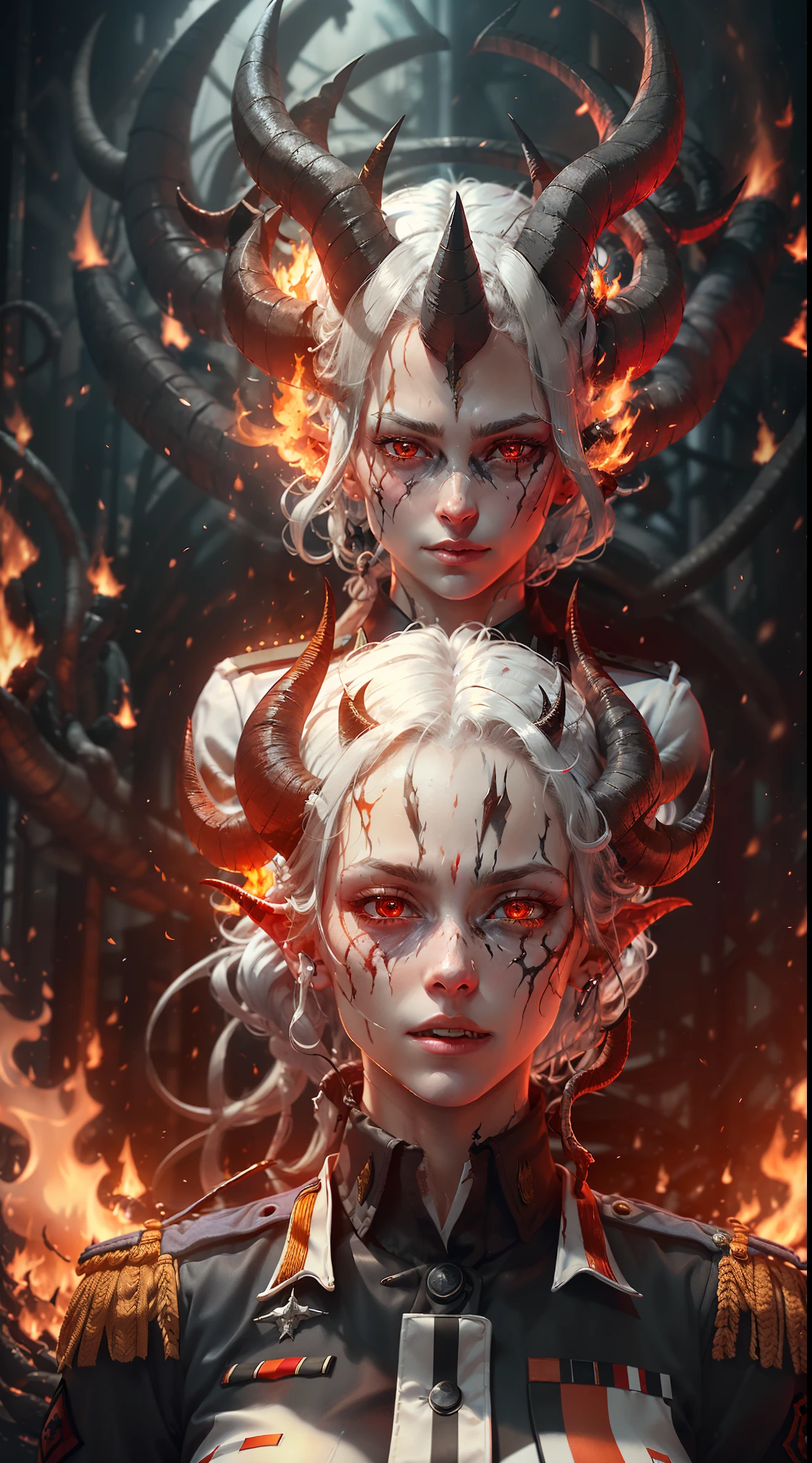 Pale-skinned woman，Wearing German military uniform，The head has the horns of the devil，red pupils，Long gray-white hair，Burning with the flames of hell