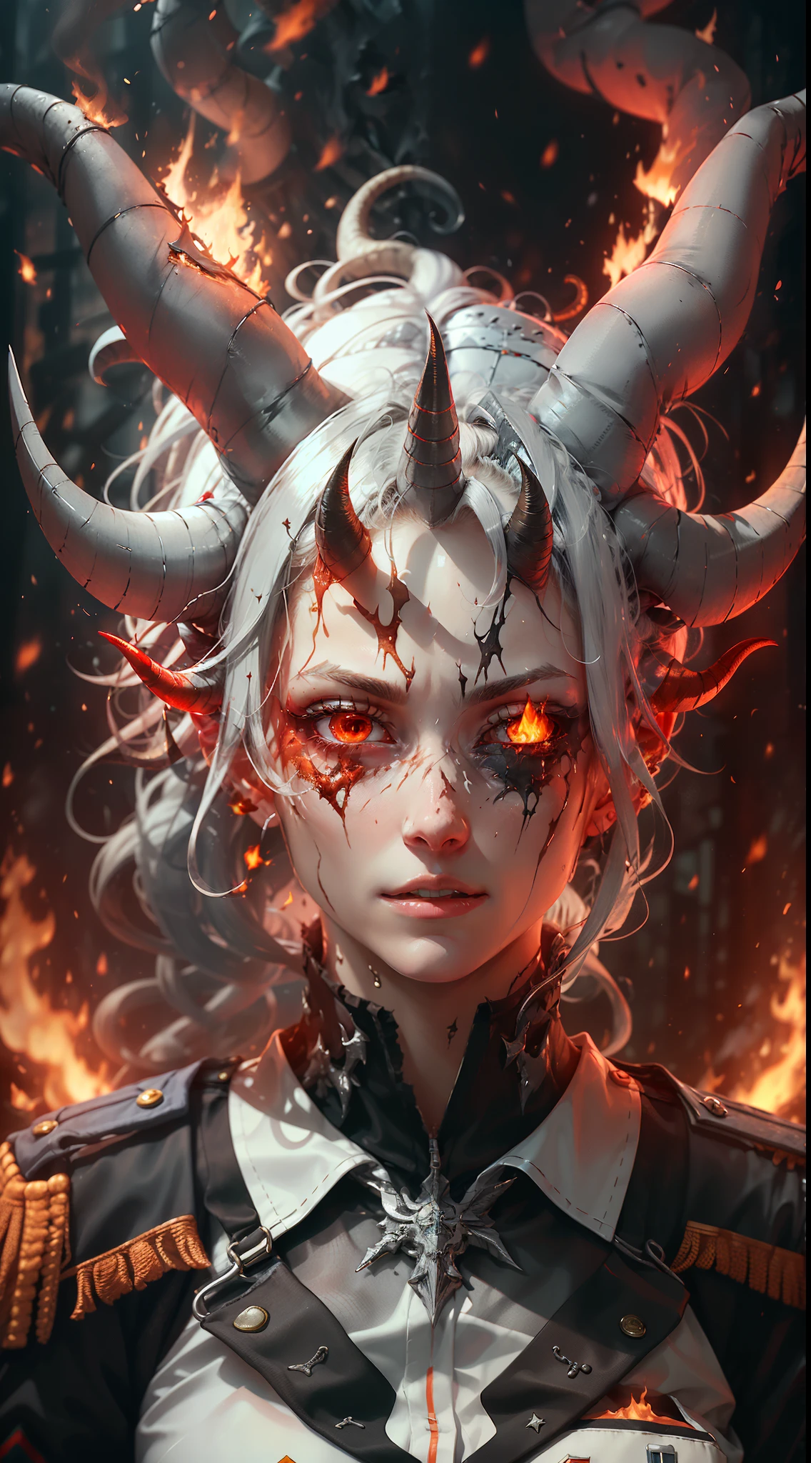 Demon with human face, horns, and a red forked tongue. White skin and red eyes and earrings on the ears. With long, black claws. --auto --s2
