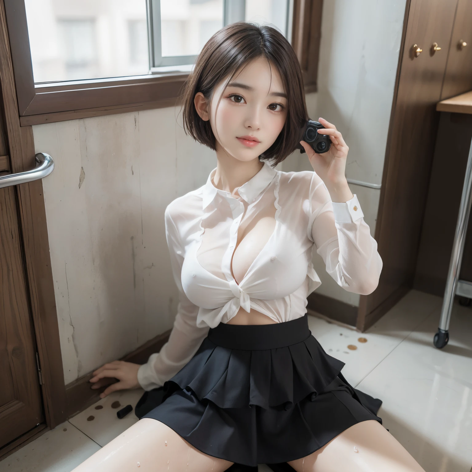 ((Layered haircuts、Colossal tits:1.2)),(8K,top-quality),full body shot shot,Watching from a distance,Distant shots,school classrooms,Pupils,class,playing games,JK skirt wearing a see-through shirt,blue wet shirt, Wet shirt, adolable, ssmile, Thin face, short detailed hair, 32K, tmasterpiece, The highest image quality,超A high resolution,Perfect hands,up looking_で_peeping at the viewer,Wet skin, (((fullllbody))), fullllbody, Legs wide open, Open legs, look to the camera, Eye for detail, Beautiful eyes