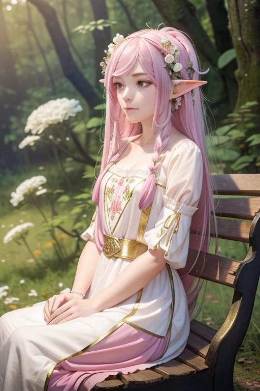 A BEAUTIFUL GIRL with long white hair, flowers in her hair, elf ears, pink dress embroidered with gold,many details, close-up, sitting in the forest on a wooden bench