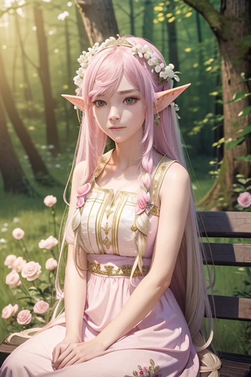 A BEAUTIFUL GIRL with long white hair, flowers in her hair, elf ears, pink dress embroidered with gold,many details, close-up, sitting in the forest on a wooden bench