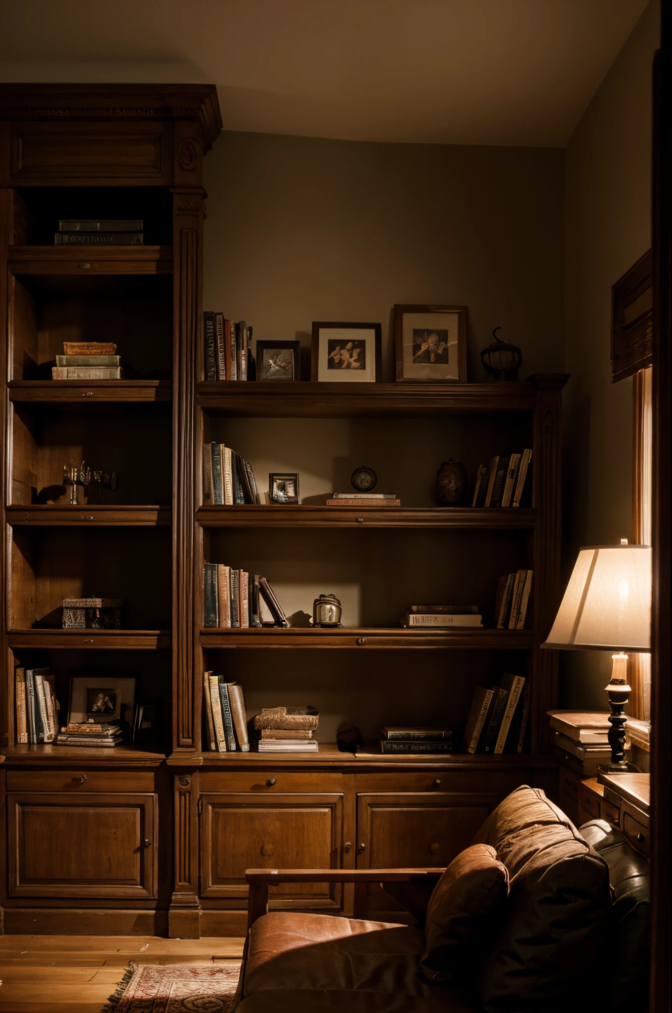 photo of bookshelf, cozy, atmospheric