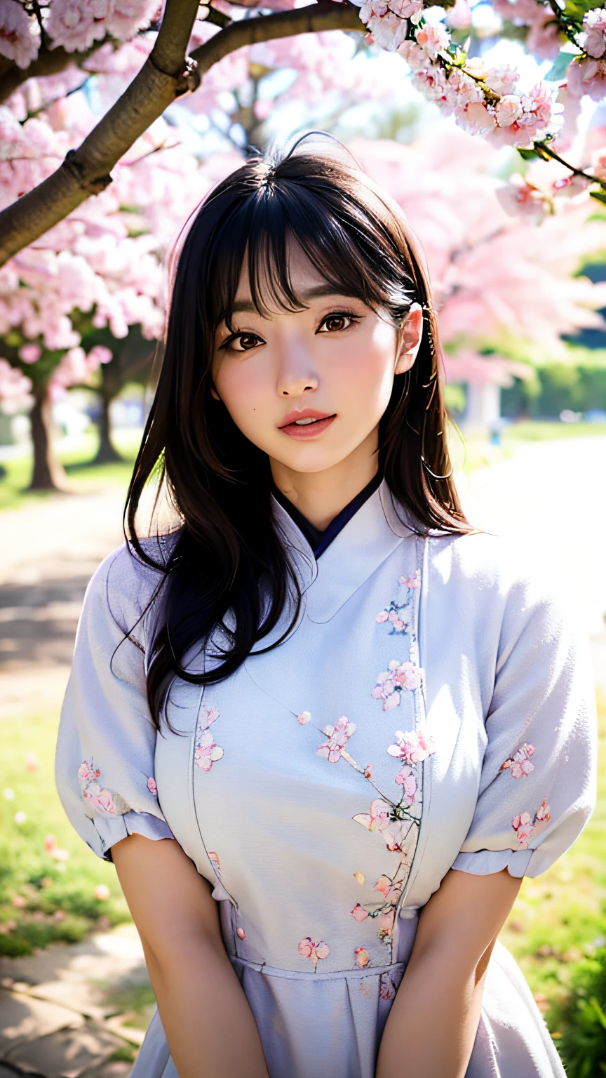 (Logo, masutepiece, 8K, mastserpiece, Raw photo, Fantastic, Best Quality, Photorealistic, Highly detailed CG unified 8K wallpapers, High quality, Highly detailed, epicd, Particle effect, dynamic effect, depth of fields, Cinematic Light, Lens Flare, Ray tracing), Fantasy, (single beauty, White Japanese Clothing, Japanese dress, White cherry blossom pattern, White cherry blossom embroidery pattern, Black hair, Pretty Face, Real Face, Beautiful detailed eyes, shining beautiful skin), Hair fluttering in the wind, Hair bounces, Beautiful face, Detailed face, Perfect proportions, Huge breasts, thin waist, thighs thighs thighs thighs, Pink cherry blossom tree, petals falling, cherry blossom snowstorm, Spectacular views, Sunrise, background sun, the wind, Vast expanses of land,