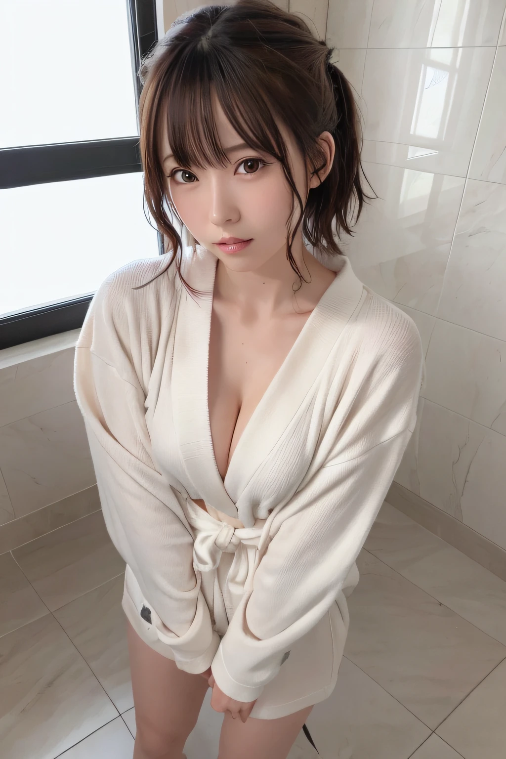 masutepiece, Best Quality, Illustration, Ultra-detailed, finely detail, hight resolution, 8K Wallpaper, Perfect dynamic composition, Beautiful detailed eyes, Medium Hair, mid-chest, Natural Color Lip, Random and sexy poses,Pee in the bathroom，Cute、The bathrobe is wet and transparent、panties on、Wet hair、the whole body is wet、After taking a bath