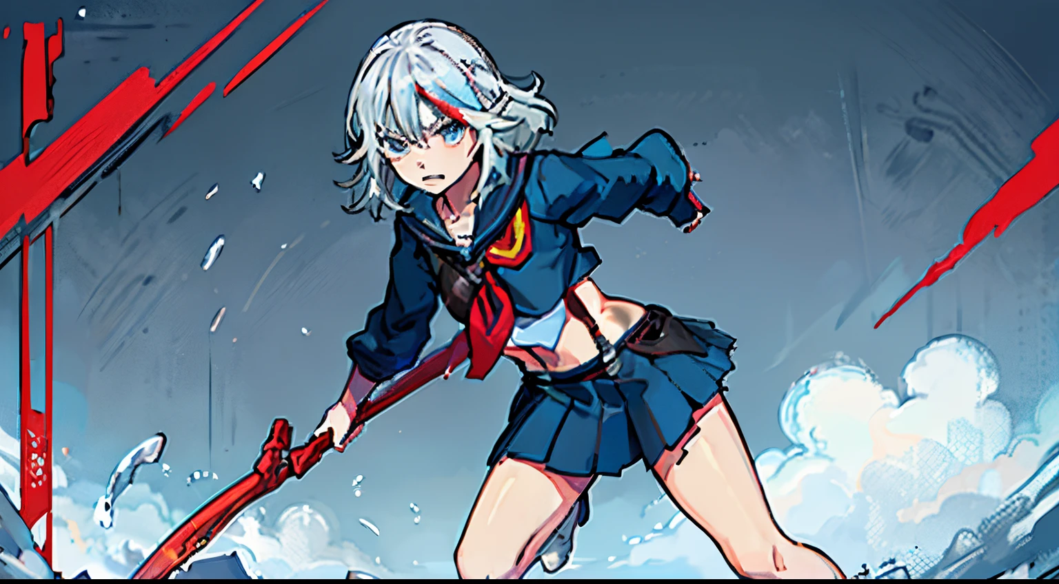 gura gawr, blue hair, grey hair, medium hair, multicolored hair, shark girl, sharp teeth, two side up, teeth, senketsu, matoi ryuuko, suspender, school uniform, {1Girl}, {Solo}, {{{Masterpiece}}}, Illustration, {{{{{beautiful-detailed eyes}}}}}, {{Cinematic light}}, The ultra-detailliert, {Extremely detailed CG unity 8k wallpaper}, {{{Background only}}}, {{Masterpiece}}, {{{Best Quality}}}, {{Ultra-detailed}}, {Best Illustration}, {best shadows}, {{an extremely delicate and beautiful}}, {{Cinematic light}},gura gawr, blue hair, grey hair, medium hair, multicolored hair, shark girl, sharp teeth, two side up, teeth, Shark tail, tail, ((((Dramatic)))、(((gritty)))、(((vehement)))Movie poster with a young woman as the protagonist。She wears stylish and edgy clothes、Stand proudly in the center of the poster.。Dressed in costume、I had a look of determination on my face。The background is dark and gritty.、Feeling danger and intensity。Improves the overall sense of drama and excitement.。The color palette is predominantly dark、Full of bright colors~.、It gives your poster a dynamic and visually striking feel。Bright dark blue eyes, red_heads,serafuku,variegated_heads,midriff,bandaid_al_knee,Senketsu,Solo,pleated_skirt,s whole body, hands on ass,sun set:2,ocean:2,Depth of field, overcast sky,injury,bandaid_al_legged,bandaged,bandaid_al_Nose,suspenders,multicolored_heads,bruises,skirt,bandaged_al_face,Short_heads, Black school uniform, Black skirt