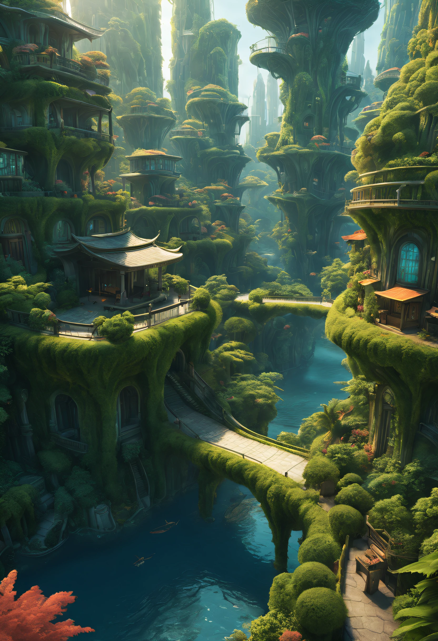 (CG scene design), (character  design), Poster design,
(Utopian world, A giant city under the deep sea)，All houses and facilities are the same，There are no residential inequalities due to differences in wealth or power，Convenient transportation in the city，Streets extend in all directions，No noise、No pollution，
An oasis is a paradise surrounded by greenery，it is located on a vast plain，Surrounded by eternal spring。Its architectural style is full of harmony between the future and nature.，Tall trees as building materials，The sun shines through the leaves on the road。The meandering stream in the city flows through every house，People wake up to the sound of birdsong，Falling asleep again to the sound of insects。