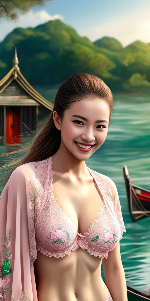 Best Quality, Illustration, Ultra-detailed, finely detail, hight resolution, 8K Wallpaper, Perfect dynamic composition, Beautiful detailed eyes, Young and attractive Thailand woman 、3 people、22 years old, bbw、pink green lingerie、lace bra、String bread、Long Wave Hair、A smile、top-quality、Overwater Cottage, zoom in, close up.