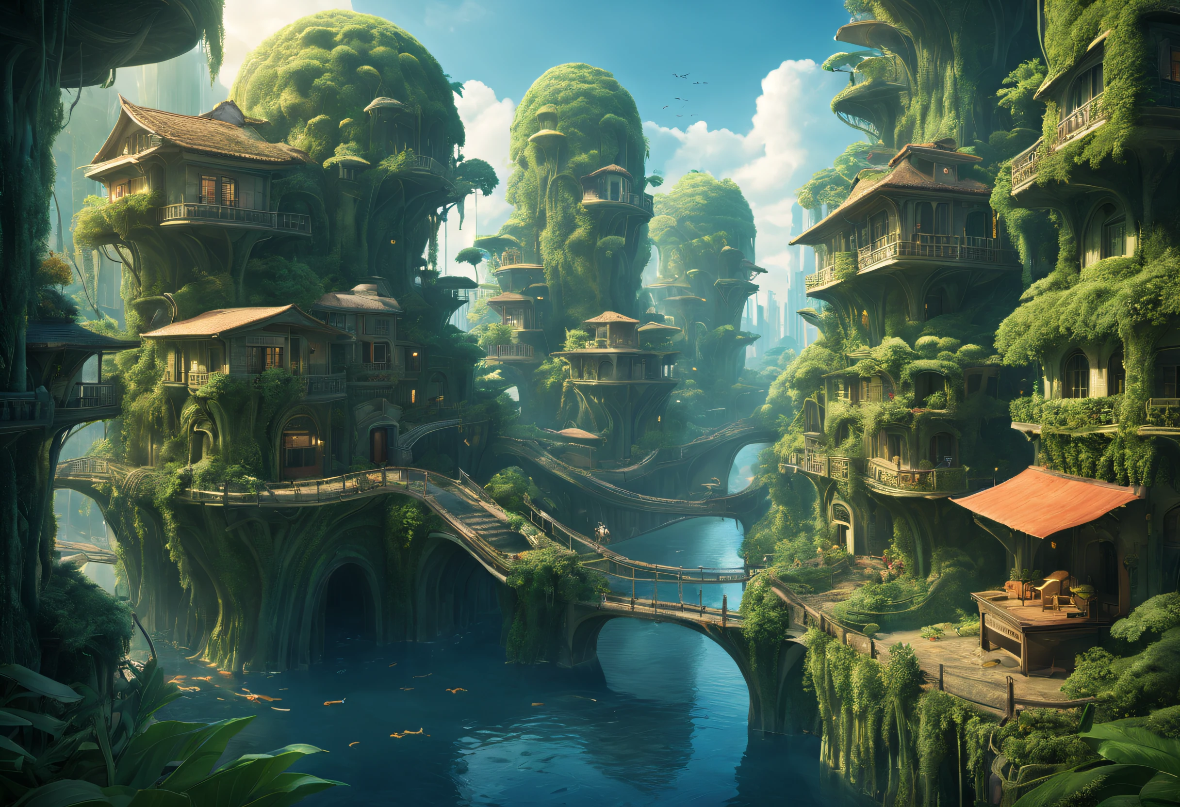 (CG scene design), (character  design), Poster design,
(Utopian world, A giant city under the deep sea)，All houses and facilities are the same，There are no residential inequalities due to differences in wealth or power，Convenient transportation in the city，Streets extend in all directions，No noise、No pollution，
An oasis is a paradise surrounded by greenery，it is located on a vast plain，Surrounded by eternal spring。Its architectural style is full of harmony between the future and nature..，Tall trees as building materials，The sun shines through the leaves on the road。The meandering stream in the city flows through every house，People wake up to the sound of birdsong，Falling asleep again to the sound of insects。