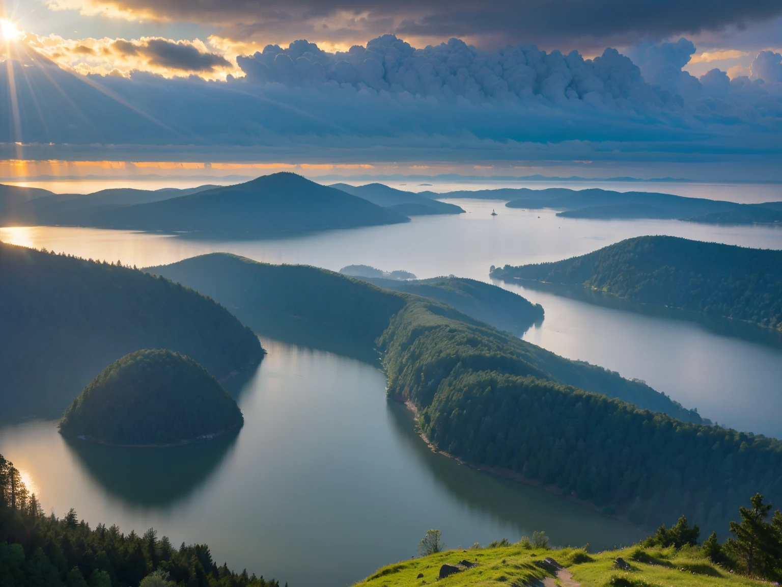 best quality, vivid colors, ultra realistic, surreal, dreamlike atmosphere, Sunlight breaking through the clouds after the rain, a large lake in the middle, reflections on the water surface, serene and tranquil.