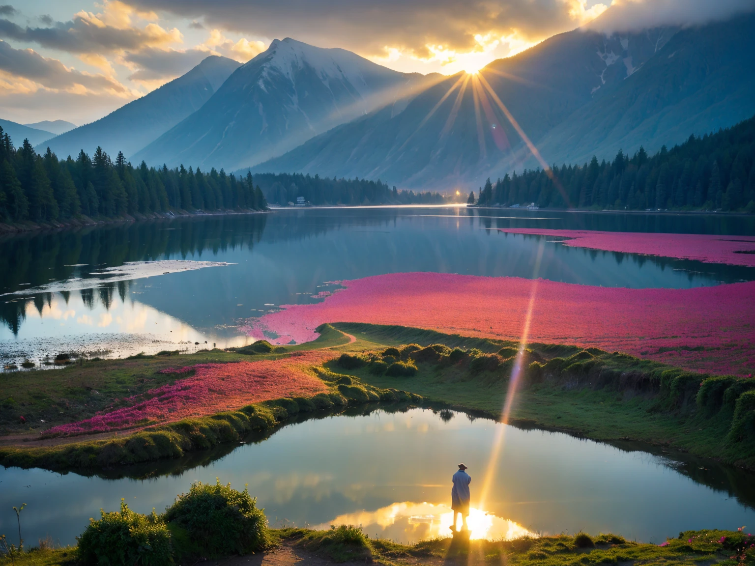 best quality, vivid colors, ultra realistic, surreal, dreamlike atmosphere, Sunlight breaking through the clouds after the rain, a large lake in the middle, reflections on the water surface, serene and tranquil.