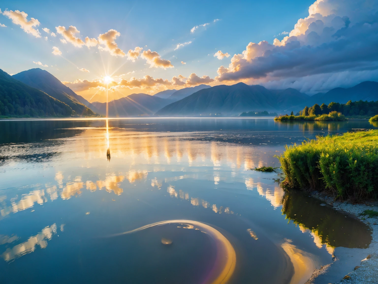 best quality, vivid colors, ultra realistic, surreal, dreamlike atmosphere, Sunlight breaking through the clouds after the rain, a large lake in the middle, reflections on the water surface, serene and tranquil.