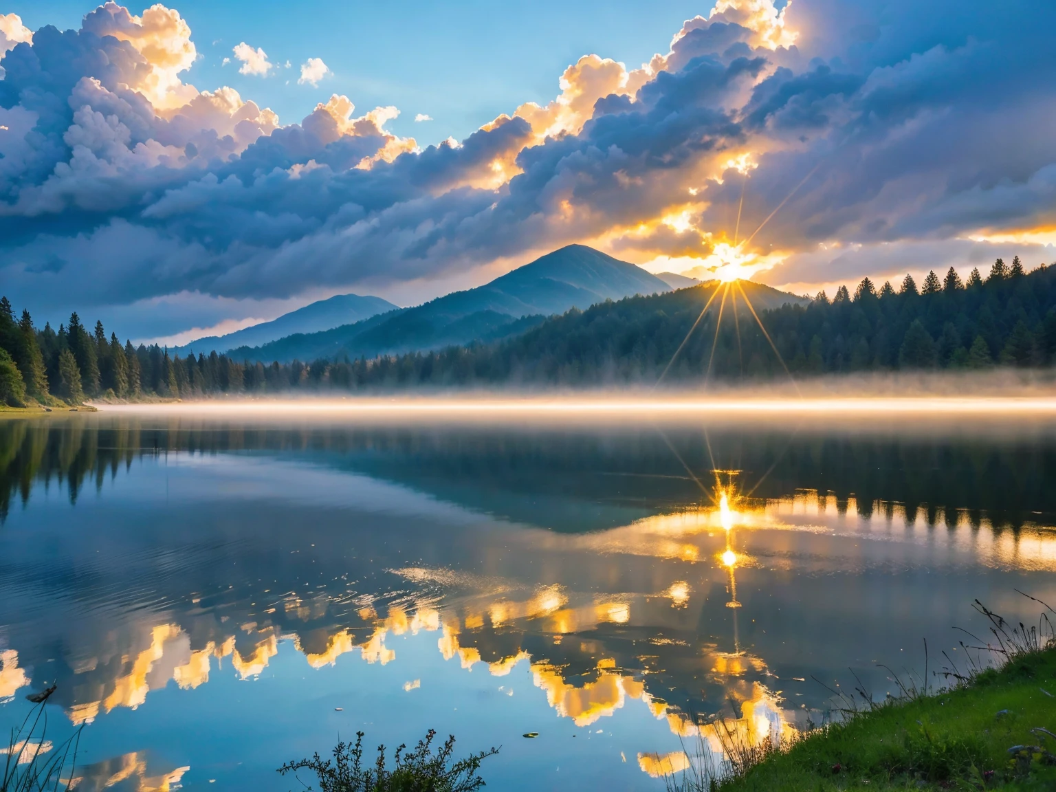 best quality, vivid colors, ultra realistic, surreal, dreamlike atmosphere, Sunlight breaking through the clouds after the rain, a large lake in the middle, reflections on the water surface, serene and tranquil.