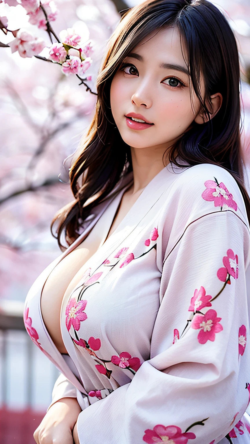 (masutepiece, 8K, masutepiece, Raw photo, Fantastic, Best Quality, Photorealistic, Highly detailed CG unified 8K wallpapers, High quality, Highly detailed, epicd, Particle effect, dynamic effect, Depth of field, Cinematic Light, Lens Flare, Ray tracing), Fantasy, (single beauty, White Japanese Clothing, Japanese dress, White cherry blossom pattern, White cherry blossom embroidery pattern, Black hair, Pretty Face, Realistic face, Beautiful detailed eyes, Glowing skin) ), hair blowing in wind, Hair bounces, Beautiful face, Detailed face, Perfect proportions, Big breasts, thin waist, thighs thighs thighs thighs, Pink cherry blossom tree, petals falling, cherry blossom snowstorm, Spectacular views, Sunrise, Sun in the background , the wind, Vast expanses of land, The wind blows,