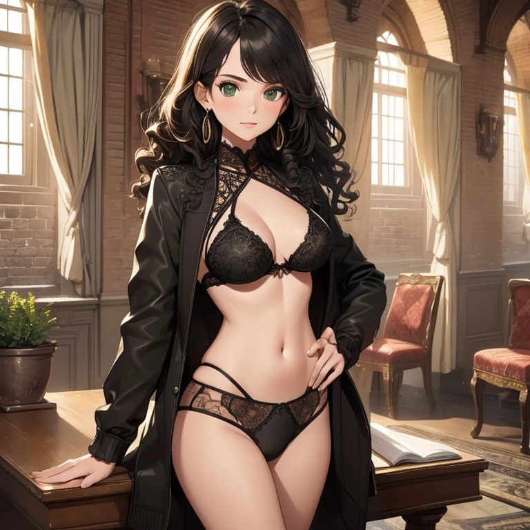 masterpiece, (ultra detailed background, delicate pattern, intricate detail), (highly detailed, fine details), best quality, beautiful lighting, (((medium breasts, slim girl))), (portrait, face shot), zalaV2, 1girl, solo, black hair, long curly hair, (black bikini and jacket ), green eyes, jewelry, earrings, complex detailed background, inside, room environment, gray castle walls, brick walls, old building interior, spaceful room,
INFO