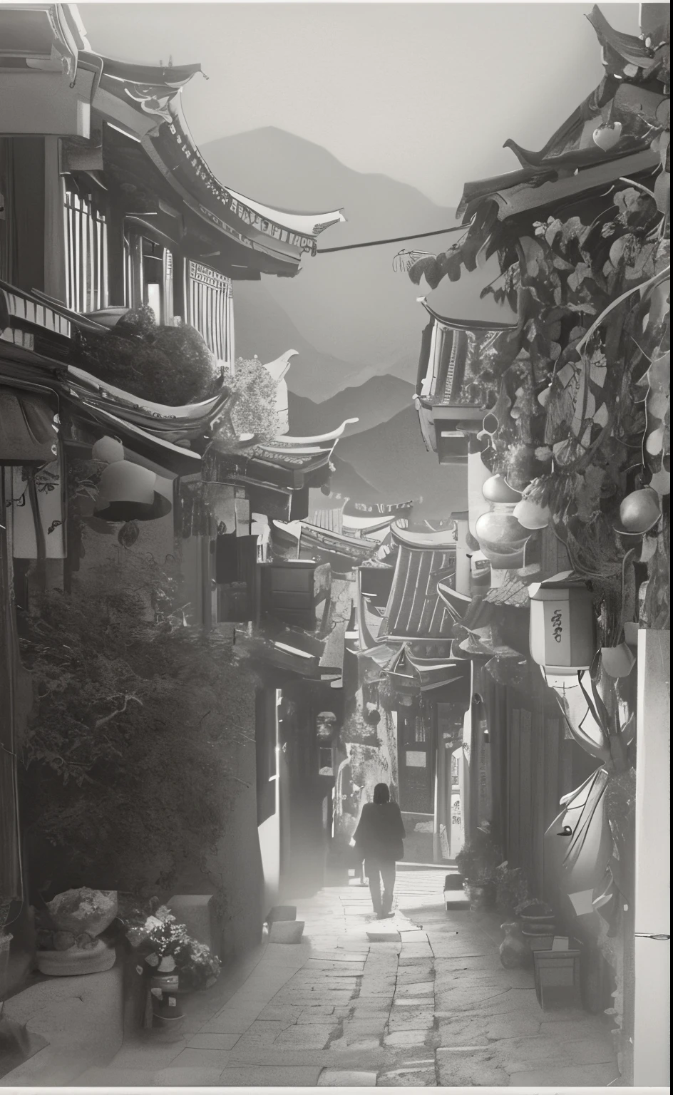 A woman walks in a narrow alley，Lanterns hanging on buildings, Dream China Town, China Village, ancient city streets behind her, In a narrow Chinese alley, Chinese Ancient Architecture, Chinese architecture, Japan town, Chinese, Chinese heritage, narrow and winding cozy streets, old asian village, Japan street, In line with ancient Chinese aesthetics, old town, Chinese dreamland，Sketch style，Pay attention to the relationship between light and shadow，black and white gray，k hd，4K，Sketch texture，Clear detail，grand master，The structure is clear and delicate，With an antique feel，The relationship between light and shadow is clear at a glance，Pencil Drawing Style。