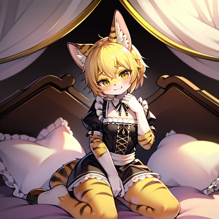 tmasterpiece, top-quality, Best quality,,Alone, beast wild, fluffy woman, Tigre, Serval ears,, (max detail), (light and shadows),Serval tail, Yellow tomboy hairstyle, pillow background, Cute girl in maid outfit posing on pillow, the maid outfit, , (The white), natural,, (face flushed),A smile,pillow head,((many pillows)),soft pads,Canopy bed,Soft pillows,soft pads,Soft pillows,Pillow between legs),(Ride on a pillow),(pillow ride),(crotch rub),Pillow hump,(Gorgeous pattern pillow),(palaces),(Palace bedroom),(Gorgeous pattern pillow),lace pillow,Lace edges,(Classical European style bedroom )