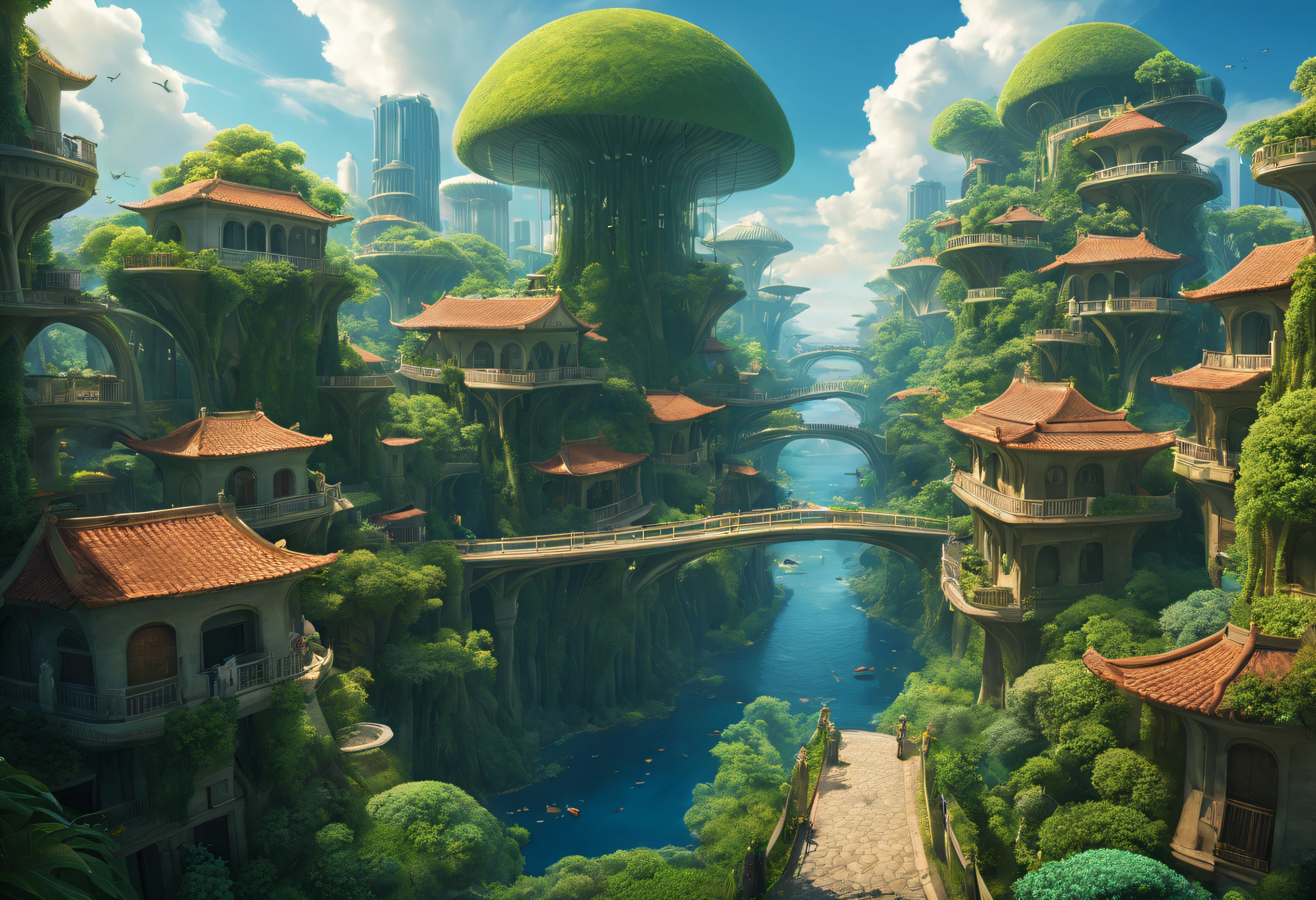 photograph of a fantasy, futuristic city with Dome-style buildings and houses or Dragon Ball-style houses, pains that stand out, primary and secondary