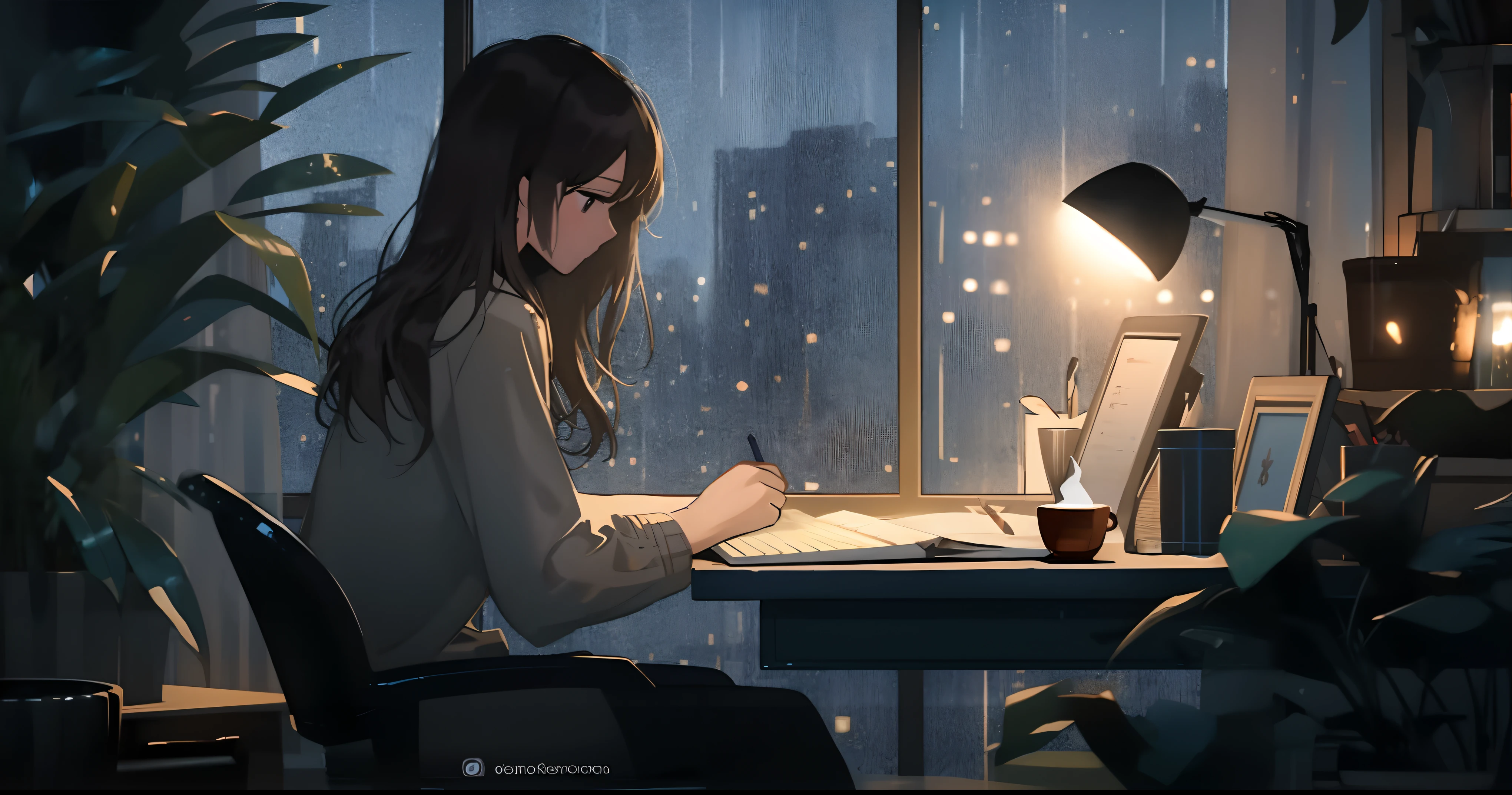 There was a woman sitting at her desk，Write on a piece of paper, Anime art wallpaper 4k, Anime art wallpaper 4k, Anime art wallpaper 8 K, anime backgrounds, Animated background art, 4k anime wallpapers, animation aesthetics, Anime wallpaper 4k, Anime wallpaper 4k, anime vibes, beautiful anime scenes, anime girl wallpaper wallpaper