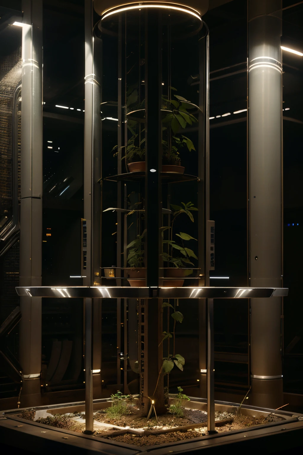 Plants are planted in a large area in the space capsule, plants are illuminated by lights, multi-layered, without pots, planted directly in the soil, neatly, scientists hold minerals in their hands, technological sense, metallic texture, bright picture, different equipment, futuristic sense, photography Master, factory machine details, super wide angle, high realism, light and dark