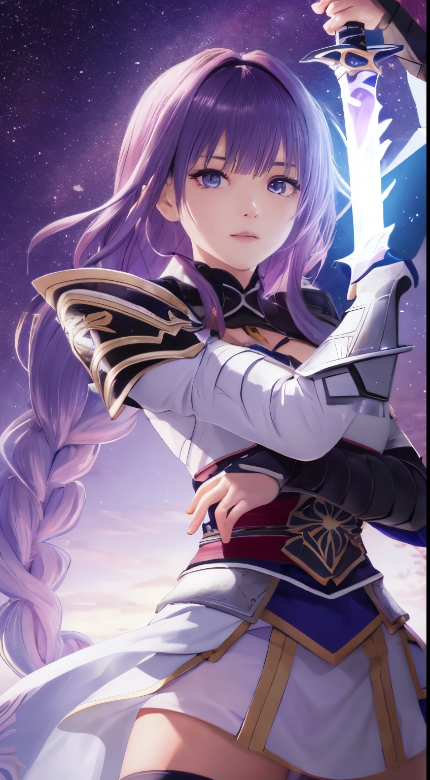 best quality, masterpiece,phSaber, phAltoria, 1girl, solo, armor, weapon, sword, glowing sword, glowing weapon, french braid, armored dress, glowing, gauntlets, holding, breastplate, hair bun, upper body
