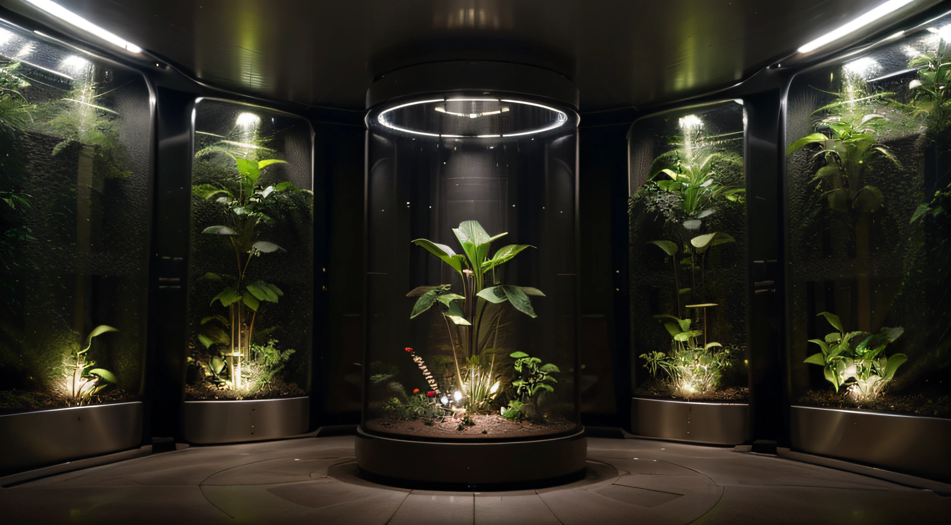 Large areas of plants planted inside the space capsule, Plants illuminated by lights, Multi-layered, no pot, Plant directly in the soil, Neatly, Scientists holding minerals in hands, sense of science and technology, metalictexture, Bright picture, different devices, Futuristic, Master of photography, Factory machine details, ultra-wide-angle, High realism, Light and Shade