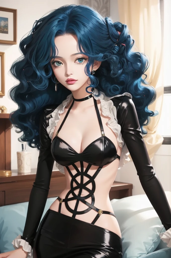 (masterpiece), (best quality), zala_onepiece, 1girl, solo, blue hair, curly hair, green eyes, lipstick
