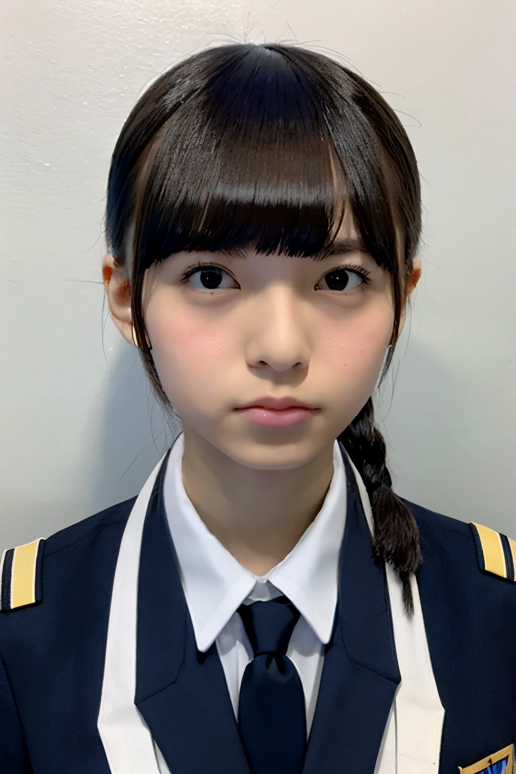 15 year old girl, Wear a navy uniform, Tie a ponytail.