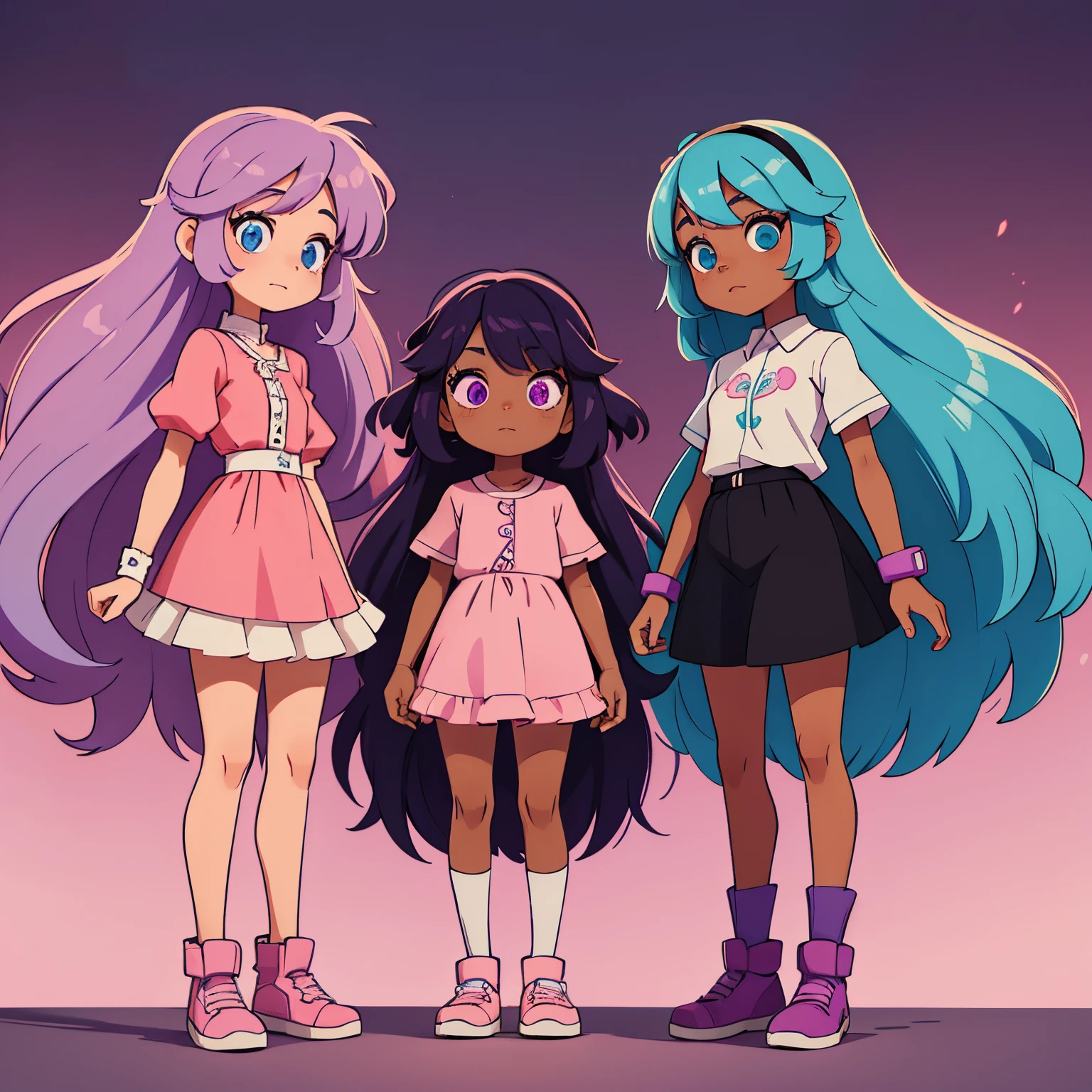 3 black girls with, long light blue hair and eyes, and long bright purple hair and eyes, and long light pink hair, kawaii clothes,black skinned girls