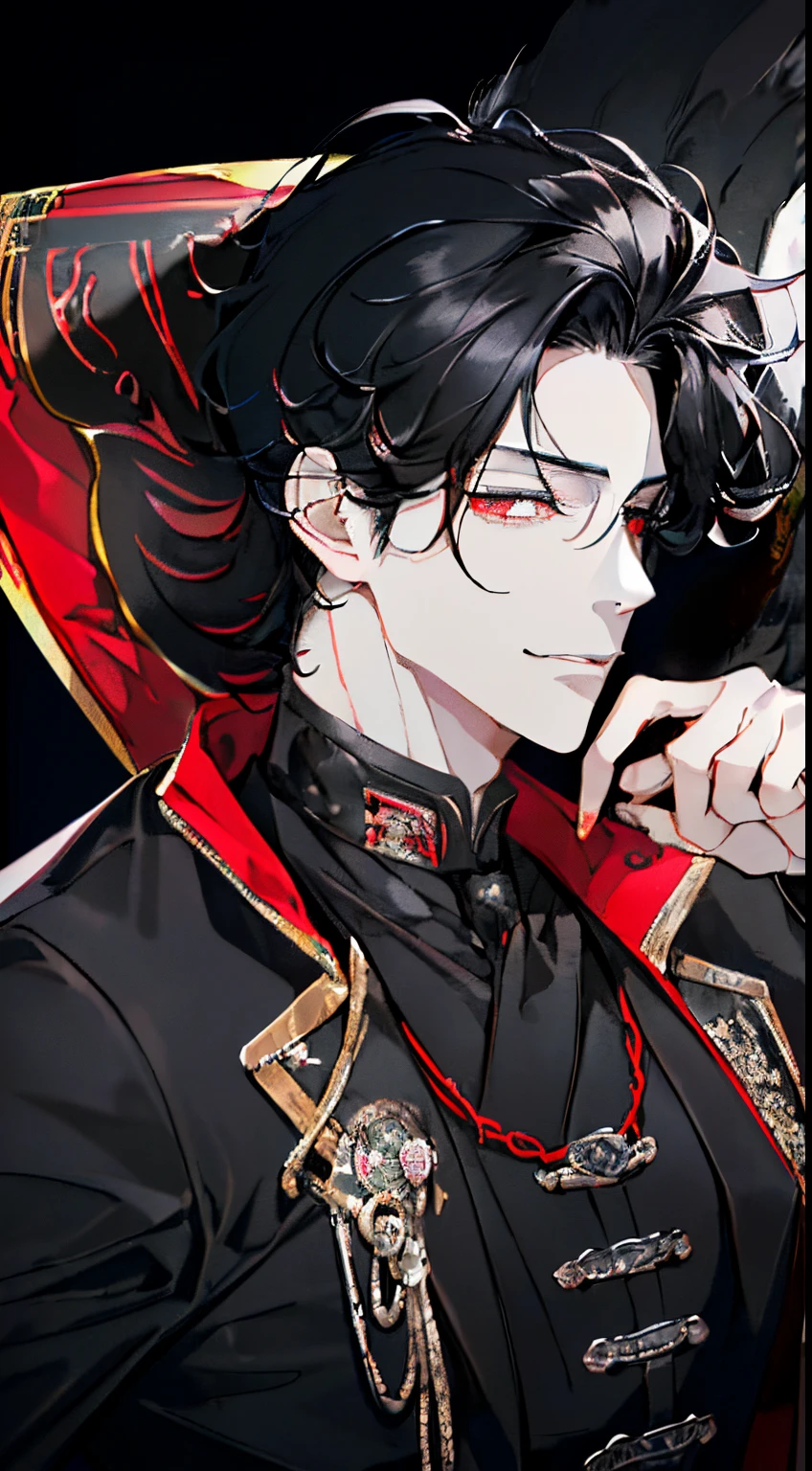 ((Black hair)),((curly fluffy hair)),((short-hair)),((pale red eyes)),(double sleeve long sleeve clothes),((())),((Black leather corset)),((Luxury and neat attire like a British gentleman)),((Feeling of fatigue and weakness)),Slight red tide,(Stare at me with your mouth open),(Vampires),((long fangs)),(Yodare),(Kamimei),(((Super close-up of the face))),((Cute mascot-like black creature)),(Extra large full moon night),((Sharp eye light)),((Snake-like eyes)),((Male in his mid-*****)),smiling slightly