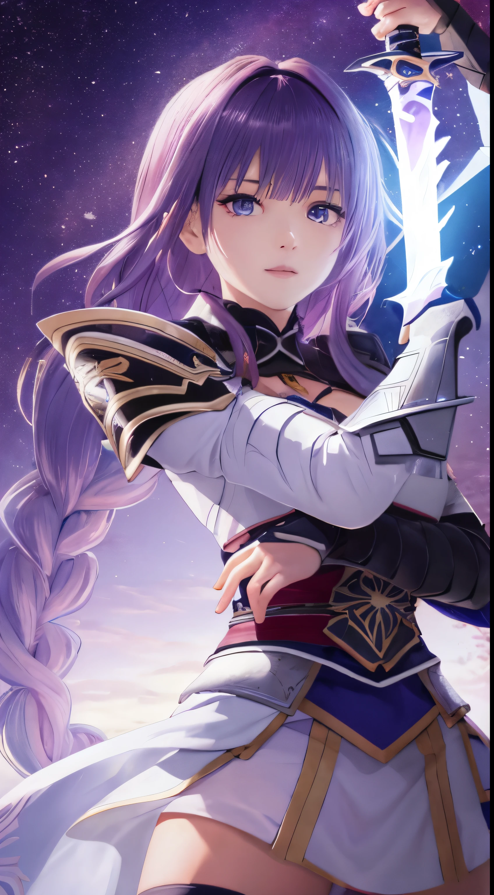 best quality, masterpiece,phSaber, phAltoria, 1girl, solo, armor, weapon, sword, glowing sword, glowing weapon, french braid, armored dress, glowing, gauntlets, holding, breastplate, hair bun, upper body