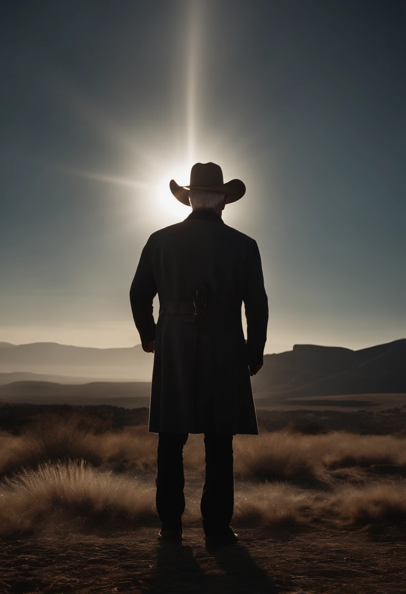grey hair, widow's peak, quiff, serious, thinking, lens flare, caustics, cowboy shot, character chart, chiaroscuro, cinematic lighting, Surrealism, Verism, UHD, 16k