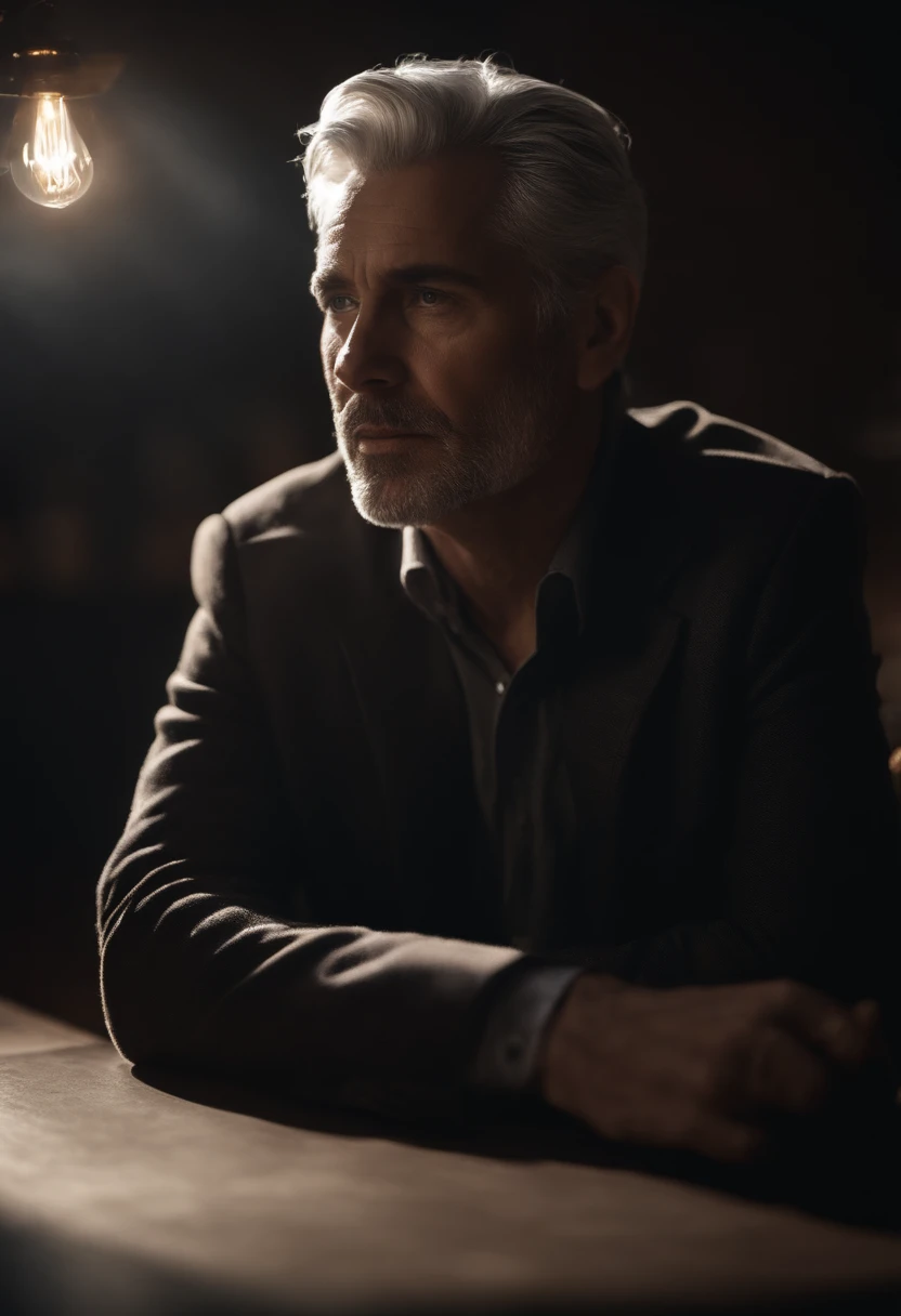 grey hair, widow's peak, quiff, serious, thinking, lens flare, caustics, cowboy shot, character chart, chiaroscuro, cinematic lighting, Surrealism, Verism, UHD, 16k