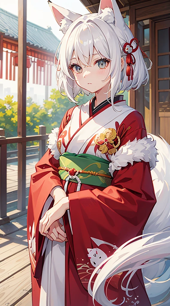 Fox Girl、teens girl、Lori、teens girl、White hair、big tail、fluffy tail、kawaii、Beautiful skin、Amber eyes、childish、high-level image quality、hightquality、8K,wall-paper、shorth hair、short-cut、Hair short、Hair to the shoulders、Kimono、((natta))、shrines、1a person