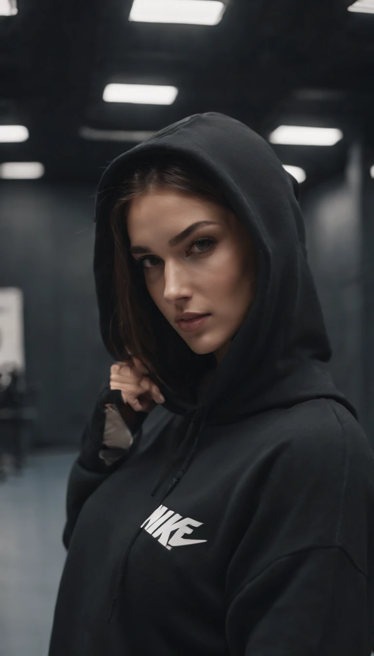 La misma modelo con una sudadera nike negra con capucha y pantalones cortos ajustados, en el gimnasio aesthetic lights