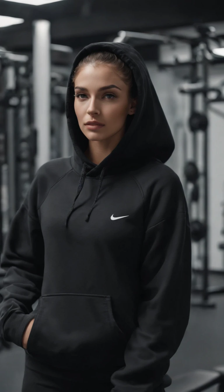 La misma modelo con una sudadera nike negra con capucha y pantalones cortos ajustados, en el gimnasio aesthetic lights